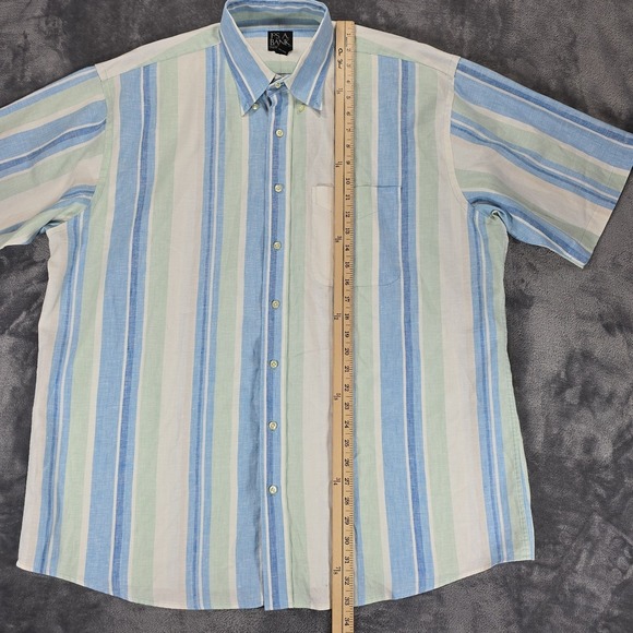 Jos A Bank Travelers Linen Button Shirt Mens XL Beige Blue Stripe Beach Casual - Picture 6 of 7